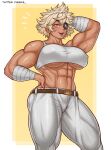  1girl abs absurdres arm_behind_head arm_up artist_name bandaged_arm bandages belt biceps blonde_hair blush breasts cheekie covered_nipples dark-skinned_female dark_skin debonair_diamond eyepatch highres large_breasts lips messy_hair muscular muscular_female navel open_mouth pants pink_eyes red_hood_(kawaguchi) scar smile solo teeth underboob upper_teeth_only white_pants 