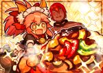  1boy 1girl @_@ absurdres animal_ear_fluff animal_ears animal_hands ashwatthama_(fate) avocado bell blush blush_stickers cat_paws collar dark-skinned_male dark_skin drooling eyelashes fang fate/grand_order fate_(series) food fox_ears gloves hair_between_eyes highres jingle_bell kinakotatu long_hair maid maid_headdress mouth_drool neck_bell open_mouth paw_gloves pepper pink_hair ponytail red_hair rice skin_fang tamamo_(fate) tamamo_cat_(fate) topless_male yellow_eyes 