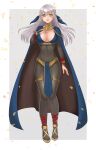  1girl :d absurdres alternate_costume blue_cape bodystocking border bracelet breasts bridal_gauntlets cape cleavage cosplay covered_navel falling_leaves fire_emblem fire_emblem:_radiant_dawn fire_emblem_awakening grey_hair hair_ribbon half_updo hazuki_(nyorosuke) highres jewelry large_breasts leaf long_hair looking_at_viewer micaiah_(fire_emblem) pelvic_curtain ribbon simple_background skin_tight smile solo tharja_(fire_emblem) tharja_(fire_emblem)_(cosplay) two-tone_cape white_border yellow_eyes 