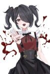  1girl :d aegyo_sal ame-chan_(needy_girl_overdose) arm_at_side black_eyes black_hair black_nails black_ribbon black_skirt blood blood_splatter collared_shirt hair_ornament hair_over_one_eye hair_tie hairclip hand_up highres long_hair looking_at_viewer nail_polish neck_ribbon needy_girl_overdose open_mouth red_shirt ribbon sanmanako shirt shirt_tucked_in skirt smile solo standing suspender_skirt suspenders twintails v white_background x_hair_ornament 