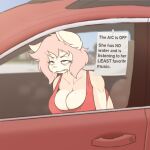  anthro big_breasts bodily_fluids breasts capri car cleavage clothed clothing digital_media_(artwork) domestic_cat doxxyl english_text felid feline felis female frown fur hair in_vehicle mammal miserable note pink_hair red_clothing red_eyes red_shirt red_tank_top red_topwear shirt solo sweat sweatdrop tank_top text topwear vehicle 