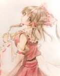  1girl ascot collar colored_pencil_(medium) detached_sleeves frilled_collar frills hair_ribbon hair_tubes hakurei_reimu long_hair orya_422 red_ribbon red_skirt red_vest ribbon skirt sleeveless solo touhou traditional_media vest white_background wide_sleeves yellow_ascot 