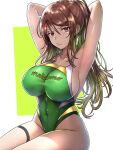  1girl :/ alternate_costume alternate_hairstyle anger_vein armpits arms_behind_head breasts brown_eyes brown_hair collarbone covered_navel ebora english_commentary english_text glaring green_background green_one-piece_swimsuit hair_between_eyes highleg highleg_swimsuit highres large_breasts long_hair mugino_shizuri multicolored_clothes multicolored_swimsuit one-piece_swimsuit ponytail print_swimsuit sideboob sitting solo swimsuit thigh_strap toaru_kagaku_no_railgun toaru_majutsu_no_index two-tone_background white_background white_one-piece_swimsuit yellow_one-piece_swimsuit 