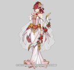  1girl anna_(fire_emblem) bow_(weapon) commentary_request dress fire_emblem fire_emblem_heroes flower gold_choker hair_flower hair_ornament konfuzikokon long_dress off-shoulder_dress off_shoulder official_art ponytail red_eyes red_hair rose smile solo weapon white_dress yellow_flower yellow_rose 