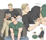  2boys albert_wesker animal_ears between_pectorals black_hair blonde_hair blush book chris_redfield closed_eyes closed_mouth couple crossed_legs dog_boy dog_ears english_text face_to_pecs green_shirt grey_pants hand_on_another&#039;s_head head_between_pecs holding holding_book looking_at_another male_focus multiple_boys multiple_views open_book pants pectorals resident_evil resident_evil_1 shirt short_hair sitting smile tatsumi_(psmhbpiuczn) translation_request yaoi 