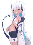  1girl absurdres ahoge blue_archive blue_horns dark-skinned_female dark_skin flat_chest fuenyuan full_body grin halo highres horns looking_at_viewer off_shoulder orange_eyes pointy_ears smile solo sumomo_(blue_archive) tail thighs white_hair 