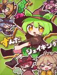  &gt;_&lt; 6+girls :3 ankomon antenna_hair black_footwear black_headwear black_jacket blonde_hair blue_hair blue_shorts blush_stickers boots bow bowtie brown_hair cauldron chibi chibi_inset commentary_request drinking edamame_(food) fang from_side green_background green_eyes green_hair green_shorts hands_up hat holding holding_staff jacket kasukabe_tsumugi long_hair looking_at_viewer looking_to_the_side low_ponytail multiple_girls multiple_persona one_side_up open_mouth outline pink_bow pink_bowtie pink_hair pink_shorts red_eyes red_hair shorts skin_fang sleeves_past_wrists smile song_name staff stirring sunburst sunburst_background sweater v-shaped_eyebrows voicevox white_outline witch witch_hat yasai_(saisaiya) yellow_eyes yellow_shorts yellow_sweater zunda_shaking_(voicevox) zundamon 