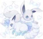  :d alolan_vulpix alternate_color bow commentary_request eevee framed highres ibusaki_(ivu) no_humans open_mouth pokemon pokemon_(creature) shiny_pokemon smile tongue white_background white_fur 