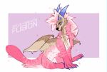  canid cheek_tuft dragon facial_tuft feet female feral fluffy fluffy_tail fur furred_dragon fusion hair horn hybrid looking_back mammal nahyon nahyon_(character) neck_tuft pink_body sitting smiles solo sparkles sylve tail talons toes tuft wings 