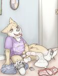  anthro bodily_fluids bottomless canid canine canis clothed clothing condom cum domestic_dog excessive_cum excessive_genital_fluids filled_condom genital_fluids hi_res lavilovi male mammal masturbation sexual_barrier_device small_but_hung solo tongue tongue_out young 
