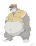  2019 anthro baloo bear belly big_belly bottomless bottomless_anthro bottomless_male canson chubby_anthro chubby_male claws clenched_teeth clothed clothing disney eyes_closed fur hat headgear headwear hi_res jacket male mammal navel overweight overweight_anthro overweight_male signature slightly_chubby solo standing talespin teeth the_jungle_book toe_claws topwear wristband 