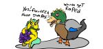  ambiguous_gender anatid anseriform avian baby_talk bird blue_hair carniviousduck dialogue duck duo english_text feral fluffy_pony food fruit fur grape hair imminent_rape plant simple_background text white_background yellow_body yellow_fur 