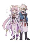  1boy 1girl boots chinese_clothes fu_xuan_(honkai:_star_rail) full_body hair_ribbon high_heels highres honkai:_star_rail honkai_(series) inagoinaire jing_yuan long_hair pink_hair ponytail red_ribbon ribbon simple_background white_background white_hair yellow_eyes 