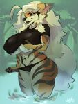  anthro arcanine big_breasts bluevelo bottomwear breasts canid canine clothed clothing ear_piercing female fingers fur generation_1_pokemon hair hi_res huge_breasts looking_at_viewer mammal nintendo orange_body orange_fur piercing pokemon pokemon_(species) raised_clothing raised_shirt raised_topwear ring_piercing shirt smile solo thick_thighs topwear under_boob 
