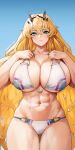  1girl abs absurdres bare_shoulders barghest_(fate) barghest_(swimsuit_archer)_(fate) barghest_(swimsuit_archer)_(final_ascension)_(fate) biceps bikini blonde_hair blush breasts cleavage collarbone fate/grand_order fate_(series) green_eyes highres horns huge_breasts kiya_hajime long_hair looking_at_viewer multicolored_bikini multicolored_clothes muscular muscular_female navel solo swimsuit thick_thighs thighs white_bikini 