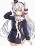  1girl amatsukaze_(kancolle) amatsukaze_kai_ni_(kancolle) belt black_dress braid brown_eyes commentary_request cowboy_shot dress gloves grey_hair hair_tubes hat highres kantai_collection kotou_yogen long_hair mini_hat neckerchief pleated_dress sailor_collar simple_background single_braid smile smokestack_hair_ornament solo standing white_background white_gloves white_neckerchief white_sailor_collar 