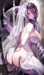  1girl absurdres ass azur_lane bare_shoulders blush breasts closed_mouth elbow_gloves gloves golden_hind_(azur_lane) golden_hind_(forlorn_femme_fatale)_(azur_lane) highres large_breasts licking_lips long_hair looking_at_viewer looking_back purple_hair red_eyes tansuan_(ensj3875) tongue tongue_out wet wet_clothes 