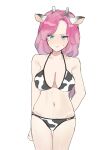  1girl animal_ears animal_print arms_behind_back bikini blue_eyes blush braid breasts closed_mouth cow_girl cow_print fake_animal_ears fake_horns horns kaidou_miho kyuzechu long_hair looking_at_viewer ookami_game_(studio_wasabi) pink_hair purple_hair solo sweatdrop swimsuit 