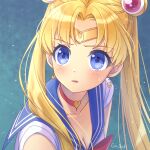  1girl bishoujo_senshi_sailor_moon blonde_hair blue_eyes blush breasts choker circlet cleavage crescent crescent_earrings dangle_earrings double_bun earrings frown hair_bun hair_ornament heart ibuki_ena jewelry long_hair looking_back meme open_mouth parted_bangs sailor_collar sailor_moon sailor_moon_redraw_challenge_(meme) short_sleeves solo sweat tile_floor tiles tsukino_usagi twintails upper_body 