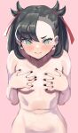  1girl asymmetrical_bangs awesomeerix black_hair blush breasts collarbone covering covering_breasts green_eyes hair_ribbon highres looking_at_viewer marnie_(pokemon) medium_hair navel nude pokemon pokemon_(game) pokemon_swsh red_ribbon ribbon small_breasts solo twintails undercut 