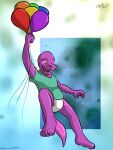  airwolf1987 animate_inanimate anthro balloon clothed clothing diaper dinosaur hi_res holding_balloon holding_object inflatable living_inflatable looking_down male open_mouth outstretched_arm outstretched_legs pool_toy reptile scalie simple_background smile solo teeth_showing wearing_diaper zoran 