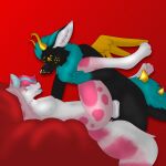  anthro blue_body blue_fur blue_skin breasts canid canine dragon duo felid feline female fox from_front_position fur genet genitals gold_(metal) hi_res lying male male/female mamavixy mammal missionary_position on_back penis pink_body pink_fur red_velvet sex viverrid 