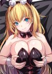  1girl akeyama_kitsune animal_ears azur_lane black_bow black_bowtie black_leotard blonde_hair blue_eyes bow bowtie breast_lift breasts breasts_squeezed_together commentary_request detached_collar fake_animal_ears grabbing_own_breast large_breasts leotard long_hair looking_at_viewer lying north_carolina_(azur_lane) north_carolina_(the_heart&#039;s_desire)_(azur_lane) on_back partial_commentary playboy_bunny rabbit_ears sleeve_cuffs solo upper_body very_long_hair 