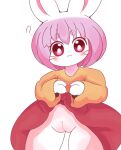  2022 anthro blush blush_lines clothed clothing colored confusion digital_drawing_(artwork) digital_media_(artwork) female flat_chested fur genitals hair hi_res kemono lagomorph leporid long_ears looking_at_viewer mammal misumasu mouth_closed orange_clothing pink_eyes pink_hair portrait pussy question_mark rabbit red_clothing shaded simple_background solo sumichisuu three-quarter_portrait unknown_character whiskers white_background white_body white_ears white_fur 