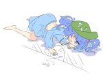  1girl all_fours arm_support back_peek barefoot blue_shirt blue_skirt breasts collared_shirt dropped_object frilled_shirt frills full_body green_headwear hair_bobbles hair_ornament hat highres kawashiro_nitori key long_sleeves medium_breasts multicolored_hair on_floor one-hour_drawing_challenge one_eye_closed open_mouth pleated_skirt primsla shirt short_hair simple_background skirt solo touhou two_side_up white_background white_shirt 