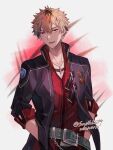  1boy ash_carbide belt blonde_hair dated double-parted_bangs earrings eiyuu_densetsu hands_in_pockets jacket jewelry looking_at_viewer necklace open_clothes open_jacket red_eyes saymel679 sen_no_kiseki sen_no_kiseki_iii smile solo spiked_hair twitter_username 