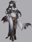  2019 5_toes absurd_res anthro arm_tuft artist_name bandeau bangs big_breasts biped black_body black_hair black_scales blue_eyes bottomwear breasts brown_clothing cleavage clothed clothing dated facial_horn feet female footwear full-length_portrait fur furry_tail glistening glistening_breasts grey_background grey_body grey_clothing grey_fur hair heterochromia hi_res horn inner_ear_fluff jewelry kiguri lips loincloth midriff nails navel necklace nose_horn portrait red_eyes sandals scales sharp_nails sharp_toenails shoulder_tuft simple_background skimpy solo standing tail toenails toes topwear tuft unknown_species 