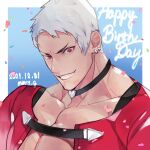  1boy artist_name black_choker choker collarbone confetti dated earrings english_text evil_grin evil_smile grin happy_birthday jewelry looking_at_viewer male_focus mmts_g muscular muscular_male nanakase_yashiro pectorals pink_eyes short_hair simple_background smile solo teeth the_king_of_fighters the_king_of_fighters_for_girls white_hair 