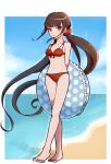  1girl :o bare_legs bare_shoulders barefoot beach bikini blunt_bangs breasts brown_hair collarbone danganronpa_(series) danganronpa_v3:_killing_harmony day harukawa_maki highres innertube kirin_(suzoke_1) long_hair mole mole_under_eye navel outdoors red_bikini red_scrunchie scrunchie small_breasts stomach swimsuit 