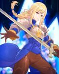  1girl absurdres agrias_oaks armor blonde_hair braid brown_pants closed_mouth final_fantasy final_fantasy_tactics gloves highres holding holding_weapon looking_at_viewer pants shoulder_armor solo sword truejekart weapon yellow_eyes 