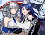  :d ahoge bare_shoulders black_necktie blue_hair blue_necktie breasts crop_top grey_eyes headgear highres ichimonme_(ichi) kantai_collection large_breasts long_hair midriff multicolored_hair necktie red_hair shirt sleeveless sleeveless_shirt smile south_dakota_(kancolle) star_(symbol) streaked_hair upper_body washington_(kancolle) white_hair white_shirt 