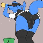  animated anthro balls black_body black_nose blue_body bodily_fluids bucket bulge butt cleaning clothing container ears_back ears_down fur generation_4_pokemon genital_fluids genitals hepicant hi_res lucario male nintendo pivoted_ears pokemon pokemon_(species) precum precum_through_clothing presenting red_eyes smile solo washcloth wet wet_clothing 