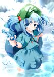  0-den 1girl absurdres backpack bag blue_eyes blue_hair blue_shirt blue_skirt blush collared_shirt flat_cap green_headwear grin hair_bobbles hair_ornament hat highres holding holding_water_gun kawashiro_nitori key medium_hair shirt short_sleeves skirt smile solo touhou two_side_up water water_gun 