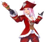  1girl animal_ears black_gloves blue_eyes breasts cleavage cowboy_shot fang final_fantasy final_fantasy_xiv food gloves jacket kebab medium_breasts miqo&#039;te pants pink_hair red_headwear red_jacket red_pants simple_background skin_fang smile solo taisai_soft w_arms warrior_of_light_(ff14) white_background 