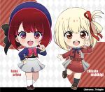  2girls arima_kana beret black_socks blue_headwear blue_jacket bob_cut brown_footwear chibi dress happy hat hat_ribbon hayase_hiromu highres inverted_bob jacket looking_at_viewer lycoris_recoil multiple_girls nishikigi_chisato open_mouth oshi_no_ko pink_ribbon red_dress red_eyes red_hair ribbon school_uniform smile socks white_hair white_socks youtou_high_school_uniform 