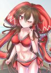  1girl absurdres bad_anatomy bare_shoulders beach bikini blush bow breasts brown_hair cleavage closed_mouth commentary cowboy_shot hair_between_eyes hair_bow hair_tubes hakurei_reimu hand_up highres long_hair looking_at_viewer medium_breasts navel one_eye_closed red_bikini red_bow red_eyes solo standing star_shin stomach swimsuit touhou 