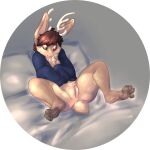  2020 absurd_res anthro antlers bed black_sclera bodily_fluids bottomless bottomless_female brown_hair cainethelongshot chest_tuft clothed clothing feet female fur furniture genital_fluids genitals hair hi_res horn jackalope lagomorph leporid looking_at_viewer lying mammal on_back presenting presenting_pussy pussy pussy_juice rabbit solo spread_legs spreading toes topwear tuft 