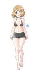  1girl absurdres alternate_costume bare_arms barefoot bike_shorts bikini bikini_top_only blonde_hair blue_eyes blush breasts cleavage collarbone commentary_request eyelashes full_body highres knees legs medium_hair navel open_mouth pokemon pokemon_(anime) pokemon_xy_(anime) serena_(pokemon) simple_background smile solo swimsuit tax2rin toes white_background 