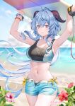  1girl ahoge alternate_costume armpits arms_up bare_arms bare_shoulders beach bead_bracelet beads black_shirt blue_hair blue_shorts bracelet breasts closed_mouth cowboy_shot crop_top day dolphin_shorts floating_hair flower ganyu_(genshin_impact) genshin_impact goat_horns hibiscus holding horns jewelry large_breasts long_hair looking_at_viewer low_ponytail midriff natsume_koji navel open_fly outdoors purple_eyes shirt short_shorts shorts side-tie_peek sleeveless sleeveless_shirt smile solo sports_bra standing stomach surfboard thighs very_long_hair 
