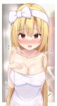  1girl @_@ absurdres after_bathing arihara_nanami bare_arms bare_shoulders bathroom blonde_hair blush bow breast_hold breasts cleavage collarbone commentary_request covered_nipples curvy double-parted_bangs eyelashes eyes_visible_through_hair flying_sweatdrops framed full-face_blush groin hair_between_eyes hair_bow hair_down hair_over_shoulder hairband heart highres indoors large_breasts long_hair naked_towel open_mouth paid_reward_available red_eyes riddle_joker shiny_skin sidelocks solo steam straight-on straight_hair towel upper_body variant_set very_long_hair water_drop wavy_mouth wet white_bow white_hairband white_towel yosh1na 