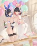  2girls absurdres ass balloon bare_shoulders black_survival blue_eyes breast_press breasts colored_inner_hair debi_(black_survival) fishnet_thighhighs fishnets highres holding holding_tray large_breasts maid_headdress marlene_(black_survival) multicolored_hair multiple_girls on_table pantyhose playboy_bunny rabbit_tail red_eyes short_hair table tail thighhighs tray white_pantyhose zzo_(chorizzzzo) 