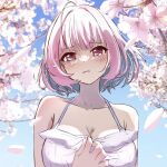  1girl ahoge aqua_hair armpit_crease bare_shoulders blue_sky blush bob_cut breasts cherry_blossoms cleavage collarbone colored_inner_hair day dress flower idolmaster idolmaster_cinderella_girls idolmaster_cinderella_girls_starlight_stage kamiyaminatsu large_breasts multicolored_hair outdoors parted_lips pink_eyes pink_flower pink_hair sky sleeveless sleeveless_dress solo tears two-tone_hair white_dress yumemi_riamu 