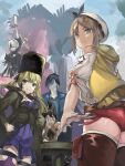  2boys 3girls atelier_(series) atelier_ryza atelier_ryza_1 blindfold blonde_hair blurry blurry_background brown_eyes brown_hair coat code_vein crossover dress fur_hat goggles goggles_on_head green_eyes hair_ornament hat highres katana long_coat looking_back mia_karnstein multiple_boys multiple_girls nier:automata nier_(series) open_clothes open_coat papakha pod_(nier:automata) reisalin_stout sakurami_sumi sword weapon white_hair yorha_no._2_type_b 