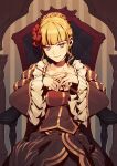  1girl aluce beatrice_(umineko) black_choker black_dress blonde_hair blue_eyes blunt_bangs braid chair choker closed_mouth collarbone dress fingernails flower french_braid frilled_dress frilled_sleeves frills gold_trim hair_bun hair_flower hair_ornament highres jewelry looking_at_viewer on_chair own_hands_together red_flower red_rose ring rose short_hair sidelocks single_hair_bun sitting smile solo umineko_no_naku_koro_ni wide_sleeves 