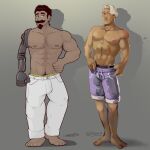  2boys abs ambrosius_goldenloin amputee armpit_hair armpit_hair_peek ballister_boldheart bara baraboy black_hair blonde_hair blush collaboration dark-skinned_male dark_skin facial_hair full_body goatee highres long_sideburns looking_at_another looking_at_viewer male_focus male_underwear male_underwear_peek mature_male mechanical_arms multiple_boys muscular muscular_male mustache navel navel_hair nimona nipples pants purple_shorts scar scar_across_eye seductive_smile short_hair shorts sideburns sideways_glance simple_background single_mechanical_arm smile sparse_chest_hair standing stomach thick_eyebrows thick_mustache topless_male undercut underwear white_pants yaoi yellow_male_underwear z4benne 