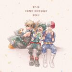  3boys :d ^_^ akairo_(chooop) armor bakugou_katsuki belt belt_pouch black_footwear black_pants black_shirt blonde_hair blue_eyes blue_jacket blue_pants blush boku_no_hero_academia boots burn_scar character_name closed_eyes closed_mouth commentary_request confetti dated eating elbow_gloves explosive food freckles gauntlets gloves green_gloves green_hair green_jumpsuit grenade grey_eyes hair_between_eyes hands_up happy happy_birthday heterochromia highres holding holding_food jacket jumpsuit laughing looking_at_another male_focus midoriya_izuku multicolored_hair multiple_boys open_mouth orange_gloves pants pouch profile red_belt red_eyes red_hair scar scar_on_face shirt short_hair sideways_glance simple_background sitting sleeveless sleeveless_shirt sleeves_past_elbows smile spiked_hair split-color_hair teeth todoroki_shouto tongue two-tone_gloves two-tone_hair v-shaped_eyebrows white_background white_footwear white_gloves white_hair yellow_belt 